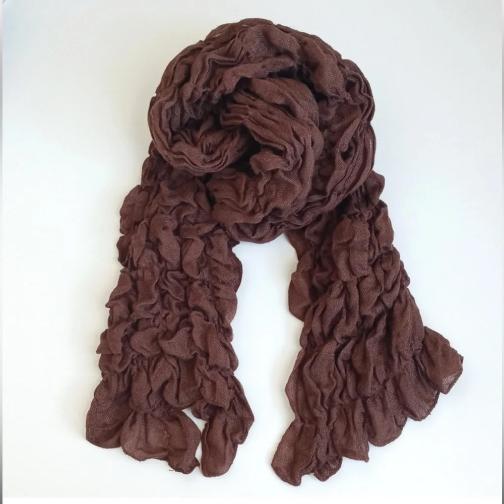Long Deep Rich Earth-tone Brown Gathered/ Cinched Shabby Chic Style Neck Scarf